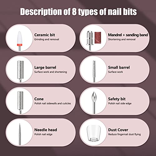 Portable Cordless Electric Nail Drill, Rechargeable Professional Nail File Kit for Acrylic,Gel Nails, Acrylic Nail Drill Manicure Pedicure Machine for Home Use(Pink)
