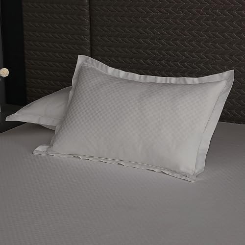 Image of Story@Home Luxe King Size Fitted Bedsheet with 2 Pillow Covers | 500 TC Egyptian Cotton Compact Yarn | 182 x 198 cm | Fits Up to 12 Inch Mattress | Checkered Jacquard | Silver Grey | Gift Packaging