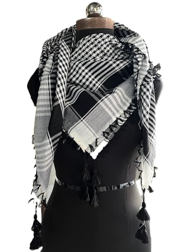 Image of Traditional Keffiyeh Arafat arabic Scarf, Black and White Checkered Pattern, Shemagh with Tassels