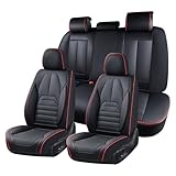 Coverado Car Seat Covers Full Set, Black Redline Seat Covers for Cars, Automotive Seat Covers, Waterproof Nappa Leather Front Seats and Back Car Seat Protector, Universal Fit for Most Cars SUV Trucks