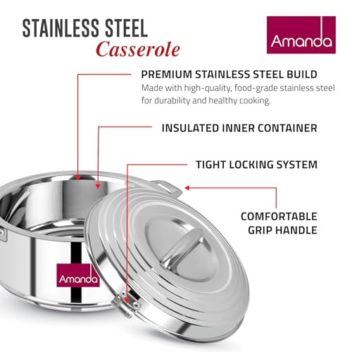Image of Amanda Stainless Steel Casserole Set of 3 (1000ml, 2000ml & 3000ml) - Hot Pot for Roti, Sabji & Biryani | Durable & Rust-Free | Ideal for Daily Use & Gifting (Set of 2 (2000ML, 3000ML))