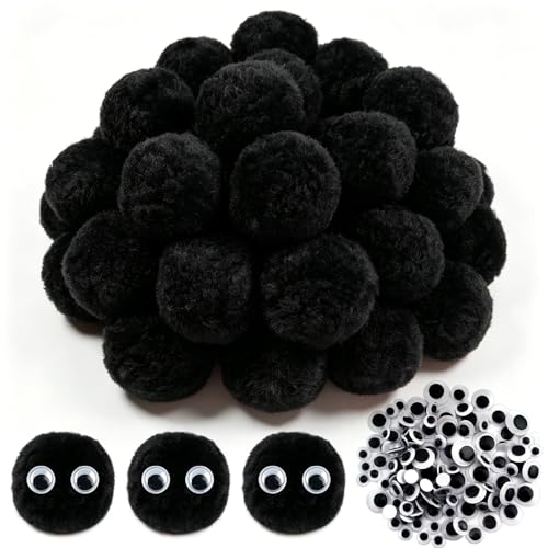 TOAOB 50pcs Large Pom Poms 2 Inch Black Craft Pom Poms Fuzzy Pompoms Balls with Googly Wiggle Eyes for DIY Crafts Projects Home Decorations