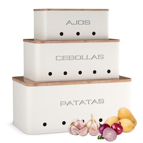 KOOK TIME Juego 3 caja para guardar patatas, cebollas y ajos - Almacenaje Cocina - Con orificios de ventilación - Mantiene verduras frescas más tiempo - Botes Cocina - Blanco Mate