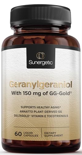 Sunergetic Premium Geranylgeraniol Supplement - GG-Gold 150mg with DeltaGold Vitamin E Tocotrienols- Annatto Derived GG for Statin Users Heart Health & CoQ10 Production - 60 Capsules