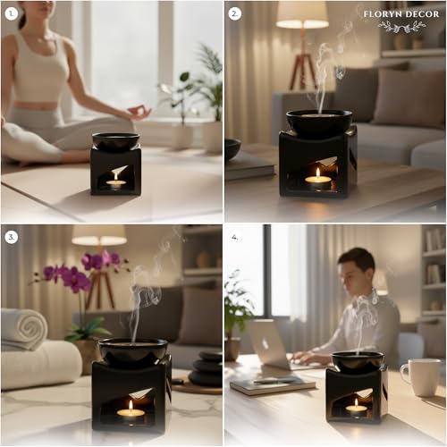 Image of Floryn Decor Ceramic Oil Burner Diffuser for Home & Office | Aroma Oil Burner with Tealight Candle | Ceramic Fragrance Diffuser for Aromatherapy, Relaxation & Home Decor (100ml) (Black)