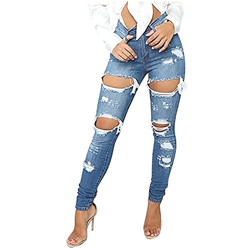 Women High Waisted Baggy Ripped Jeans Boyfriend Fashion Large Denim Baggy Blue Jeans for Teen Girls (Blue, XXL)4