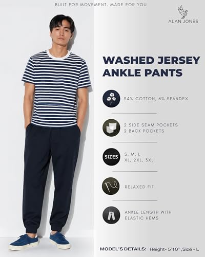 Image of Alan Jones Clothing Mens Washed Jersey Cotton Joggers Pants | Soft Stretch Cotton | Ankle Length with Elastic Hems