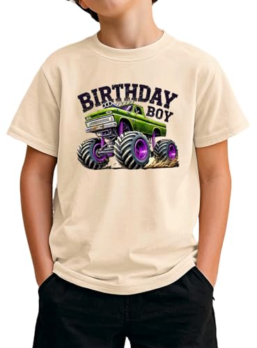 Birthday Boy Shirt Toddler Boys 2t 3t 4T 5T 6T Birthday Short Sleeve Monster Truck Funny T-Shirt Top (Beige 4 5-6T)