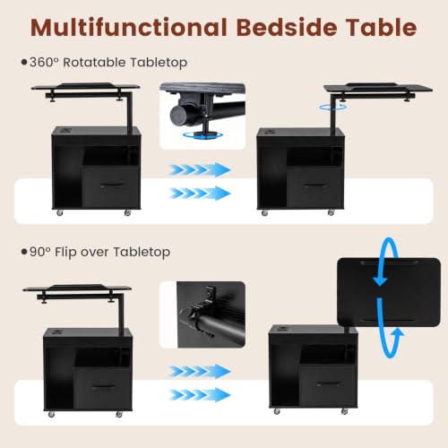 Table de lit a roulettes avec éclairage LED télécommandable et tiroir de rangement - 8