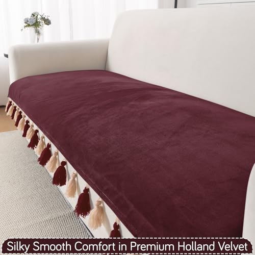 Image of HOKIPO 5 Seater Sofa Cover Mat with Tassel in 3+2 Configuration | Dyed Holland Velvet Fabric | 'TasselTone Series' | Wine Red (IN-1108+1106-MRN)