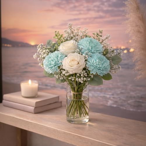 Image of Premium Artificial Flower Bunch - Mum, Rose with White Baby Breath | Realistic Fabric Petals | Artificial Flowers for Vase | Home Decoration Items for Living Room & Bedroom | Light Blue