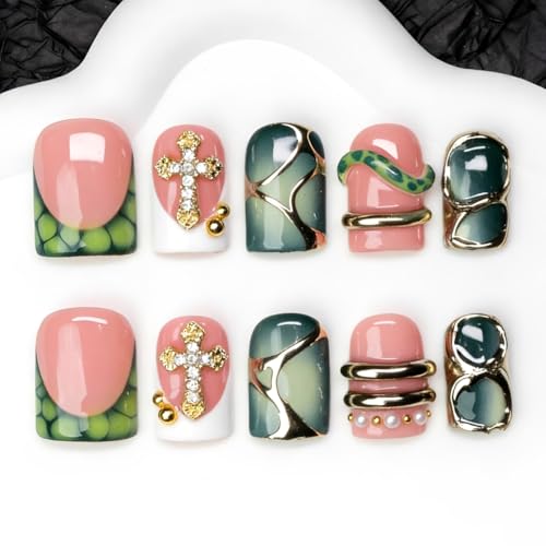 Handmade Square Press on Nails Green French Tip Short Stick on Nail 3D Silver Embossed Designs Luxury Rhinestone Pearl False Nails Muti-Layer Gel Acrylic Nails for Women Manicuare 10 PcsM)