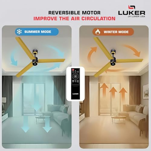 Image of LUKER JVLuker USA Aerozen Prime 1200mm BLDC Ceiling Fan | IR Remote | BEE 5 Star | Power Saver upto 65% | High Air Delivery | U-LED Speed Indicator | Reverse Mode, 3 Years Warranty, Black Yellow Gold
