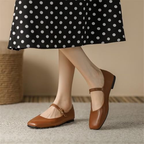 Stunner Women's Mary Jane Flats Fashion Square Toe Soft Ballet Flats Comfort Leather Office Driving Flat Shoes Light Brown 42(9.5) 24