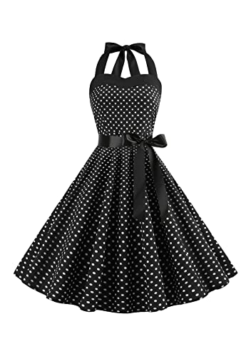 Yming Frauen Polka Punkt Ärmelloses Kleid Mit Gürtel 1950er Cocktailkleid Audrey Hepburn Neckholder Kleid Ärmellos Schwarz L