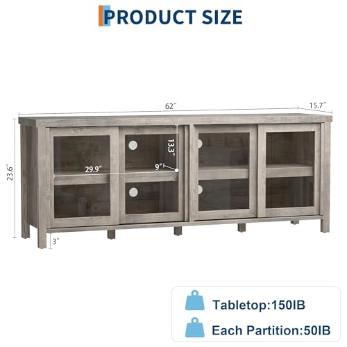 Image of 65 Inch TV Stand for Televisions Up to 70 Inches, Modern Entertainment Center with Storage, 4 Sliding Glass Doors, Mid-Century Style Media Console for Living Room,Gray