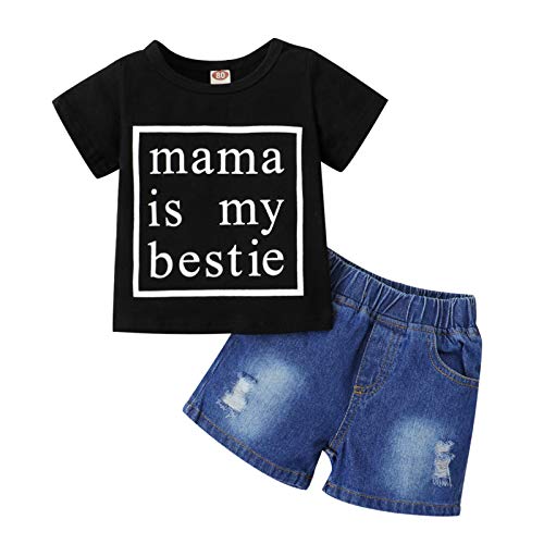 Mother's Day Toddler Baby Boy Clothes Mama is My Bestie Short Sleeve T-Shirt +Denim Cropped Pants Shorts Outfits Set (Black, 12-18 Months)