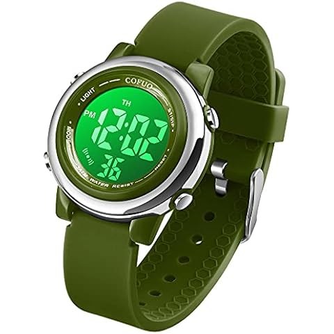 Kids Digital Sport Waterproof Watch for Girls Boys, Kid Sports Outdoor LED Electrical Watches with Luminous Alarm Stopwatch Child Wristwatch, Army Green, Digital Cover