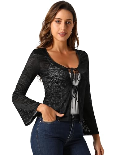 Image of Allegra K Lace Shrug Top for Women's Tie Front Bell Long Sleeve Bolero Cardigan Medium Black