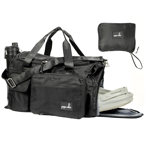 Image of POPCUBE 2in1 Nylon 26cm Lightweight Waterproof Bucket Duffle Bag with Shoulder Straps, Small Rucksack Travel Bag for Men & Women with Wet Pocket & Shoe Compartment (45x26x26 cm) (Style 2, Black)