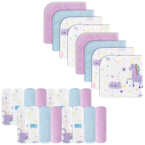 Image of Baby Washcloths, 24Pack Baby Wash Cloths Extra Soft & Ultra Absorbent, Baby Towels and Washcloths Face Towels for Unisex Boys Girls Body, Washclothes Gentle on Sensitive Skin, 9x9 Rainbow Unicorn