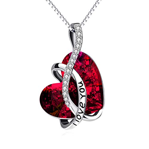 AOBOCO Kette Herz Sterling Silber Ich Liebe Dich Halskette Damen mit Kristallen, Geburtstagsgeschenk für Frauen Freund (l Love You (Rot))