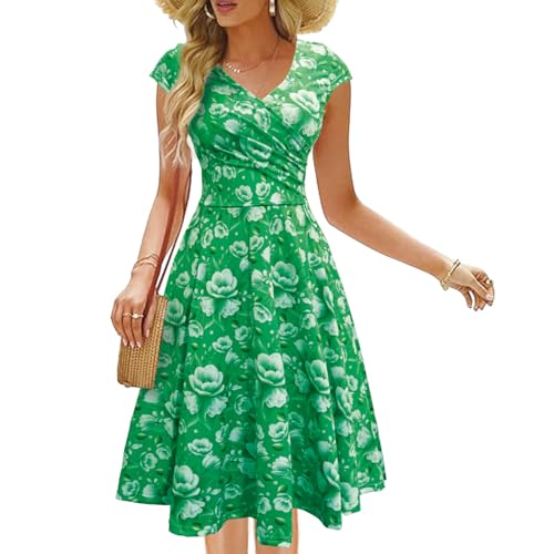 Vestidos Casuales Mujer, Vestido Estampado Floral Manga Corta de Verano, Cuello en V Vestido Elegante Bohemio de Playa, Clásico Retro Primavera Verano Diaria Fiesta Formal (Verde)-XL