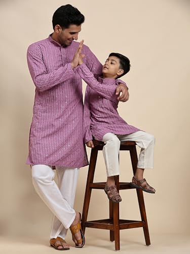 Image of Pro-Ethic Style Developer Men Silk Striped Father Son Matching Ethnic Wear Embroidery Mirror Work Kurta Pyjama Set |(Combo)B-117