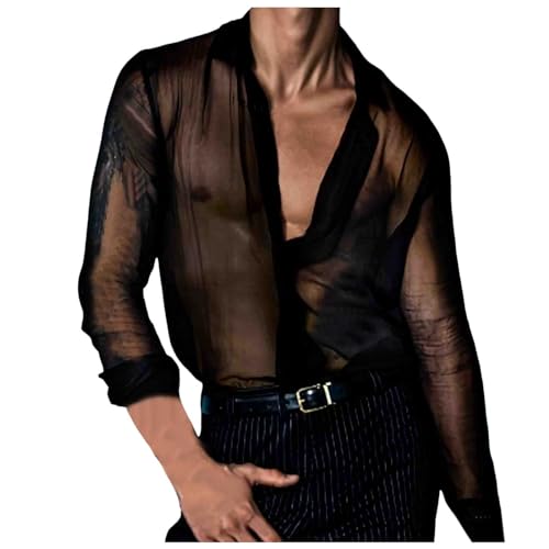 Tobysper Camisa de manga larga de malla transparente para hombre, camiseta de malla muscular, camiseta para fiesta, club, ropa casual, camisa transparente, camisa transparente para hombre, Negro , L