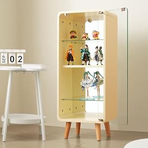 【ベージュ・コレクションケース】OSJ コレクションシェルフ 幅36*奥行26*高さ89CM ガラスディスプレイキャビネット4段 高さ調節可能 フィギュア 収納 背面ミラー 強化ガラス棚
