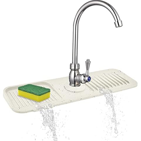 Burfocus Kitchen Sink Splash Guard, Silicone Faucet Handle Drip Catcher Tray Silicone Faucet Mat Kitchen Sponge Holder Sink Protectors for Kitchen Accessories (White 17.7" x 5.5") Cover