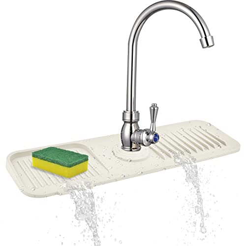 Burfocus Kitchen Sink Splash Guard, Silicone Faucet Handle Drip Catcher Tray Silicone Faucet Mat Kitchen Sponge Holder Sink Protectors for Kitchen Accessories (White 17.7" x 5.5")