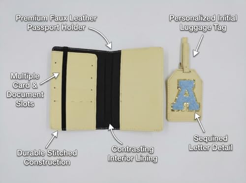 Image of Passport Cover & Bag Tag Combo | Personalized Initial Alphabet Custom A-Z Name Initial | Fits Standard Passports | Travel GiftIdeal Travel Gift for Women, Girls & Couples (Lemon)
