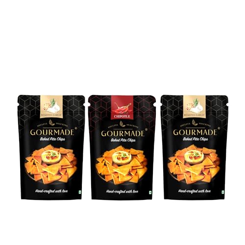 Image of Gourmade Soulful Snacking Pita Chips Snacking Combo, 375g | 2 x Roasted Garlic and 1 x Chipotle (125gms ecah - Pack of 3) | Baked Bar Party Snacks | Dip Starter Chips | Nachos & Tortillas