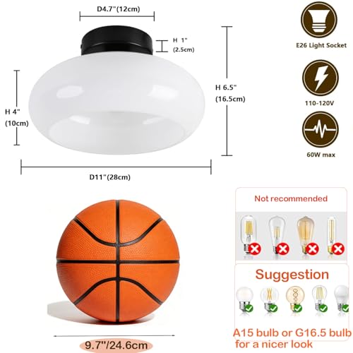 Image of Black Semi Flush Mount Ceiling Light Mid Century Modern Entryway Light Fixture 11 inch Glass Globe Flush Mount Light Fixture for Hallway Kitchen Bedroom Closet