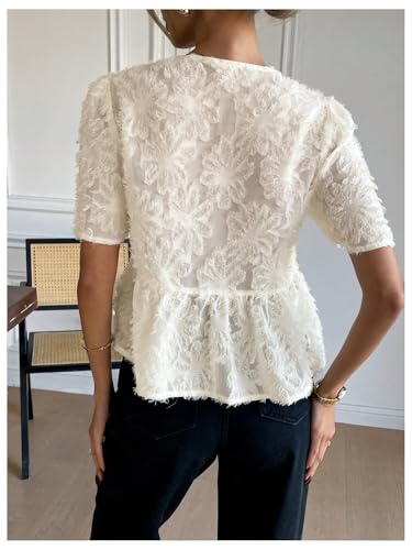 WDIRARA Women's Bow Peplum Top Ruffle Hem Chiffon Blouse Textured Short Sleeve Babydoll Tops2