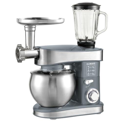 KB ELEMENTS Robot de cocina 3 en 1, multifunción, amasadora, 7,5 litros, 2000 W, con picadora de carne, con juego de pasta, batidora de 1,5 L (gris)