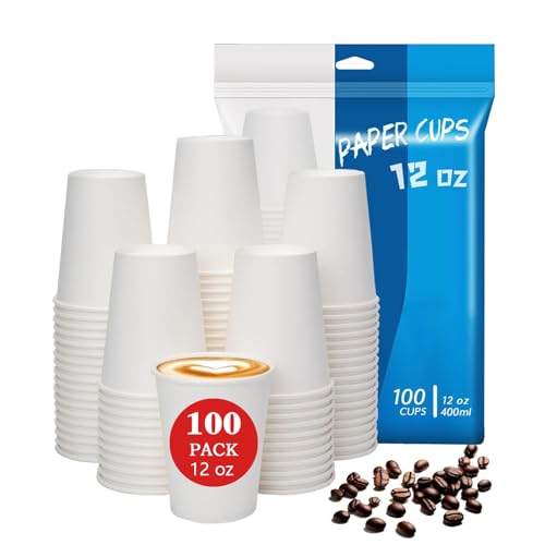 MOUMOULIFE 100 Count 12 oz Coffee Cups, Leak-Proof Paper Cups 12 oz, Sturdy White Disposable Paper Coffee Cups for Cold and Hot Drinks