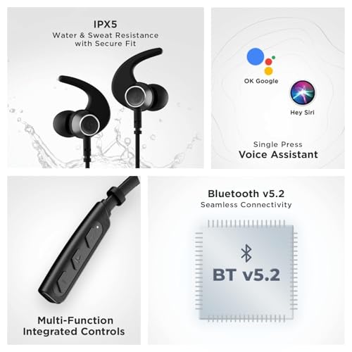 Image of Pro Wireless Bluetooth Neckband Earphone, Active Black | Up to 20 hrs Playtime, Beast Mode Low Latency, IPX5 Water & Sweat Resistance, ENx Technology, Bluetooth v5.2
