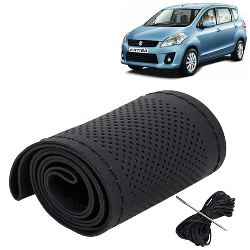 Image of KINGSWAY PU Leatherite Car Steering Cover Sewable Compatible with Maruti Suzuki Ertiga (Year 2012-2016), Black Color with Black Thread, Pack of 1 with Sewing Needle and Thread