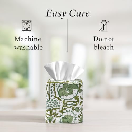 CPC Agate Green Hand Block Printed Cotton Tissue Box Cover 5" x 5" x 5.5" Square Soft Reusable Boho Napkin Holder for Home Kitchen Dining Bathroom Office Cafe Spa, Gift for Spring, Mother's Day by CPC COTTON PRINT CLUB - Image 8