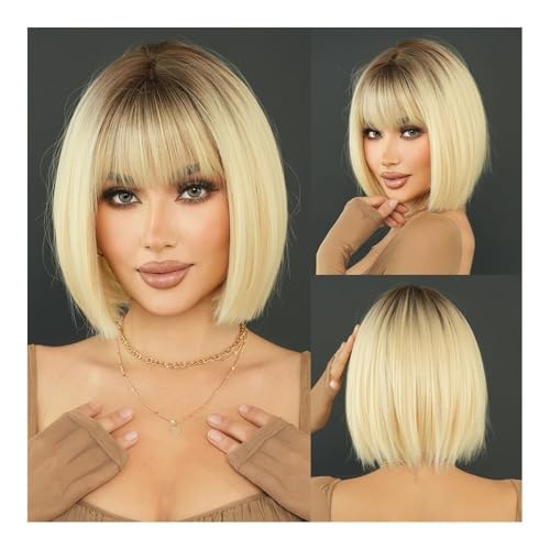 Perruques Cheveux Humains Bob Marron Clair Lisse avec Frange Blonde Brillance