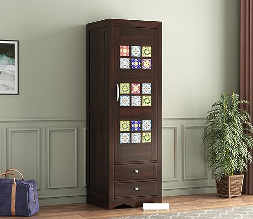 Image of Sheesham Wood Wooden Single Door Wardrobe Organizer for Clothes | - Solid Wood Almirah with 2 Drawers, 2 Shelves - Cupboard for Large Bedroom (Design 20)