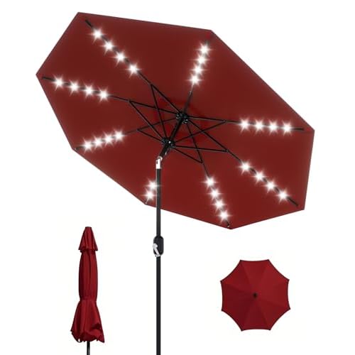 GarveeLife Patio Umbrella with Lights, 8 Ribs Outdoor Market Table Umbrella for Pool, Deck, Backyard (Red, 9 ft), Red, 9FT
