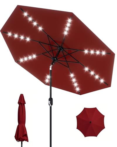 Patio Umbrella with Lights, 8 Ribs Outdoor Market Table Umbrella for Pool, Deck, Backyard (Red, 9FT)