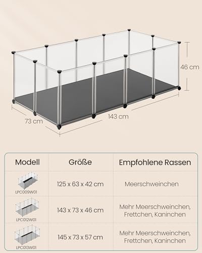 SONGMICS Kleintiergehege mit Bodenplatten, Laufstall mit Abnehmbarer und wasserfester Unterlage, Gehege für Hamster, Kaninchen, Meerschweinchen, 143 x 73 x 46 cm, weiß LPC012W01