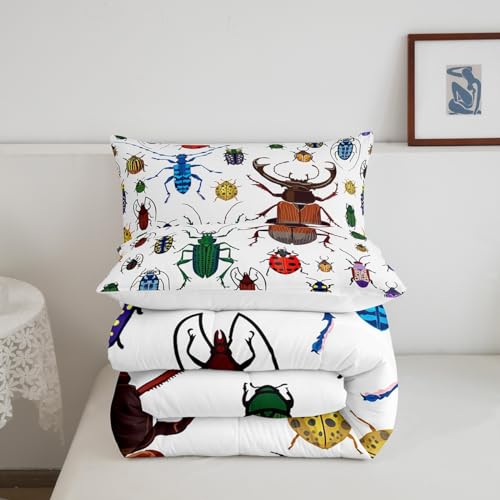 Image of Feelyou Kids Bug Comforter Queen Boys Flying Bugs Pattern Comforter Set for Girls Children Colorful Beetle Collection Decor Bedding Set Soft Lightweight Nature Animal Bed Set 1 Comforter 2 Pillow Case