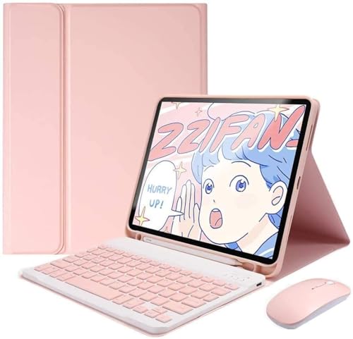 Clavier amovible pour Galaxy Tab S6 Lite avec coque rose protectrice et souris