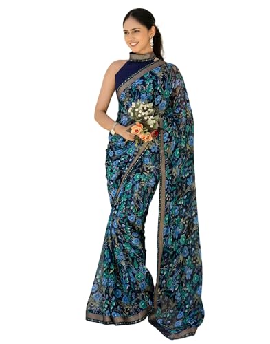 Image of SIRIL Women's Chiffon Printed Saree With Unstitched Blouse Piece