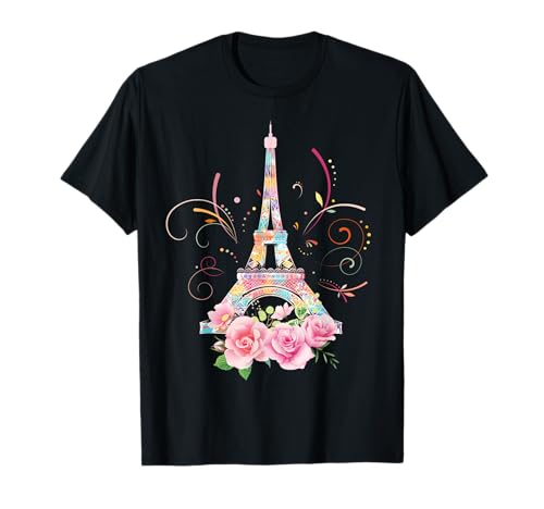 Colorful Eiffel Tower of Paris in France Parisian Rose T-Shirt